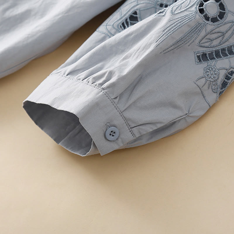 Buddha Stones Casual Embroidery Flower Hole Design Three Quarter Sleeve Cotton Linen Women's Shirt - image 10