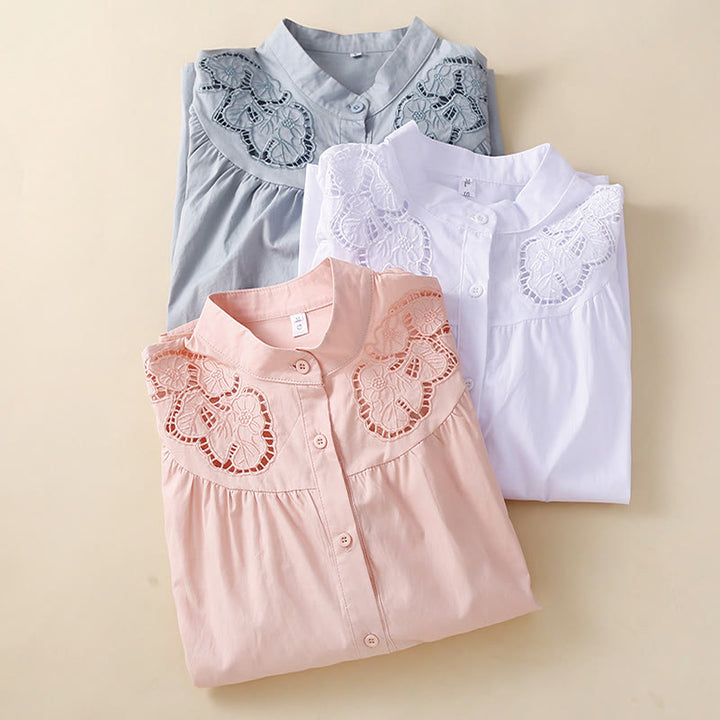 Buddha Stones Casual Embroidery Flower Hole Design Three Quarter Sleeve Cotton Linen Women's Shirt - image 17