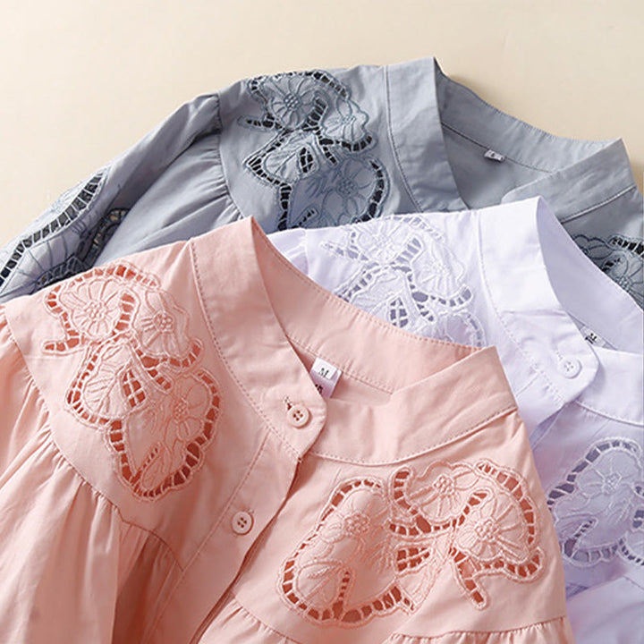 Buddha Stones Casual Embroidery Flower Hole Design Three Quarter Sleeve Cotton Linen Women's Shirt - image 18