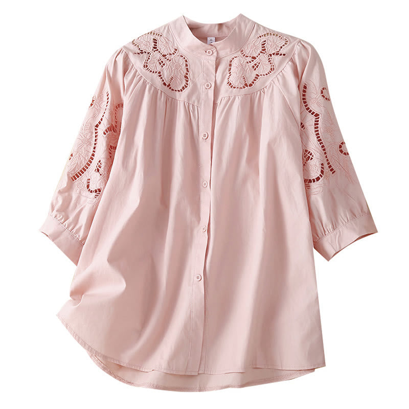 Buddha Stones Casual Embroidery Flower Hole Design Three Quarter Sleeve Cotton Linen Women's Shirt - image 7