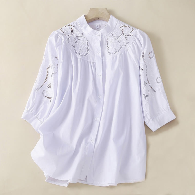 Buddha Stones Casual Embroidery Flower Hole Design Three Quarter Sleeve Cotton Linen Women's Shirt - White - US12，UK/AU16，EU44 (3XL) - image 12