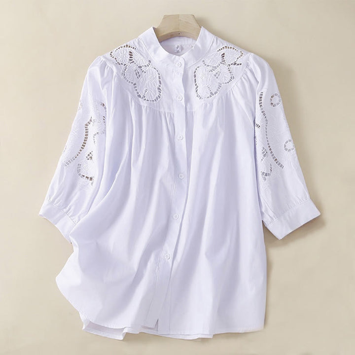 Buddha Stones Casual Embroidery Flower Hole Design Three Quarter Sleeve Cotton Linen Women's Shirt - White - US12，UK/AU16，EU44 (3XL) - image 12