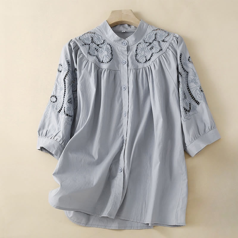Buddha Stones Casual Embroidery Flower Hole Design Three Quarter Sleeve Cotton Linen Women's Shirt - LightSteelBlue - US12，UK/AU16，EU44 (3XL) - image 8