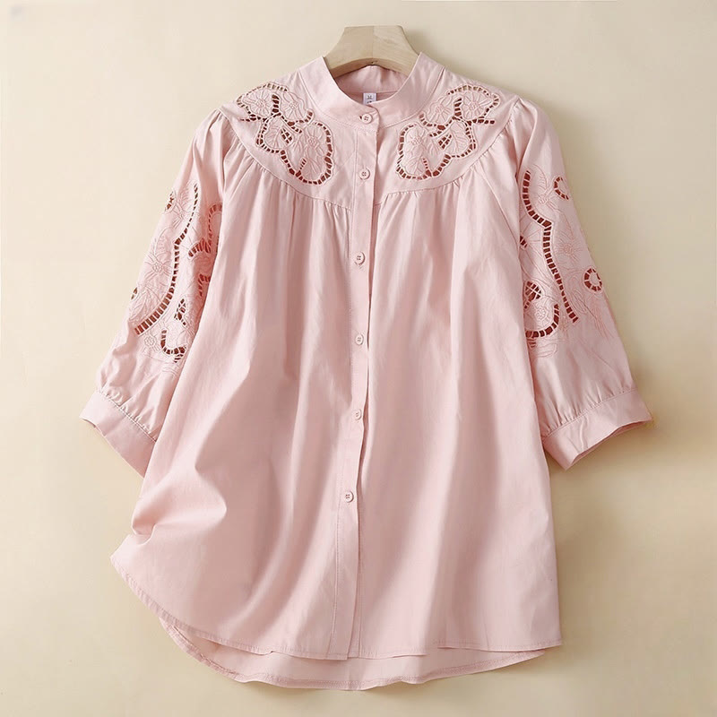 Buddha Stones Casual Embroidery Flower Hole Design Three Quarter Sleeve Cotton Linen Women's Shirt - LightPink - US12，UK/AU16，EU44 (3XL) - image 0