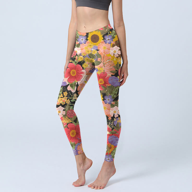 Buddha Stones Sunflowers Pink Purple Flowers Print Sports Fitness Leggings Women's Yoga Pants - Black - US18，UK/AU22，EU50 (4XL) - image 1