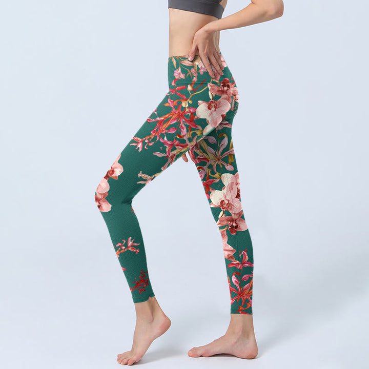 Buddha Stones Green Pink Flowers Print Gym Fitness Leggings Women's Yoga Pants - image 2