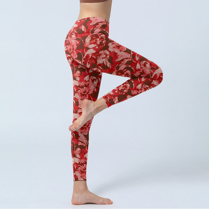 Buddha Stones Red Flowers Print Sports Fitness Leggings Women's Yoga Pants - image 3