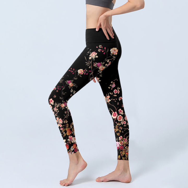 Buddha Stones Pink Roses Beige Flowers Print Gym Fitness Leggings Women's Yoga Pants - image 2