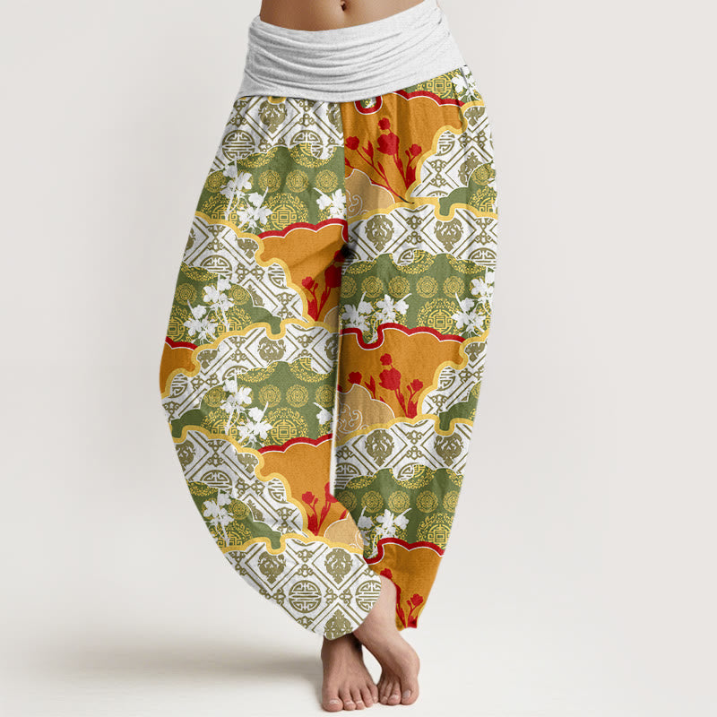 Buddha Stones Chinese Fan-shaped Diamond Pattern Design Women's Elastic Waist Harem Pants