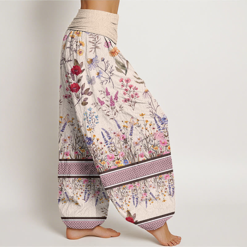 Buddha Stones Multicolored Flowers Butterflies Design Women's Elastic Waist Harem Pants