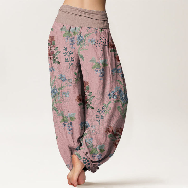Buddha Stones Red Blue Flowers Green Leaves Design Women's Elastic Waist Harem Pants - image 1