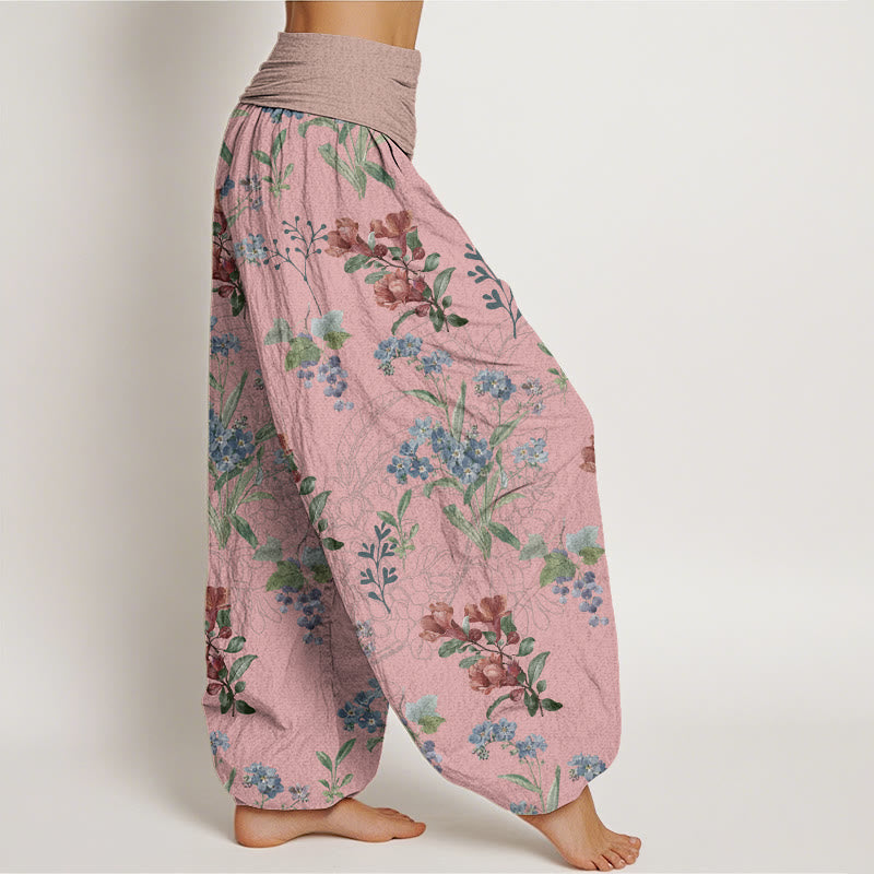 Buddha Stones Red Blue Flowers Green Leaves Design Women's Elastic Waist Harem Pants - image 2