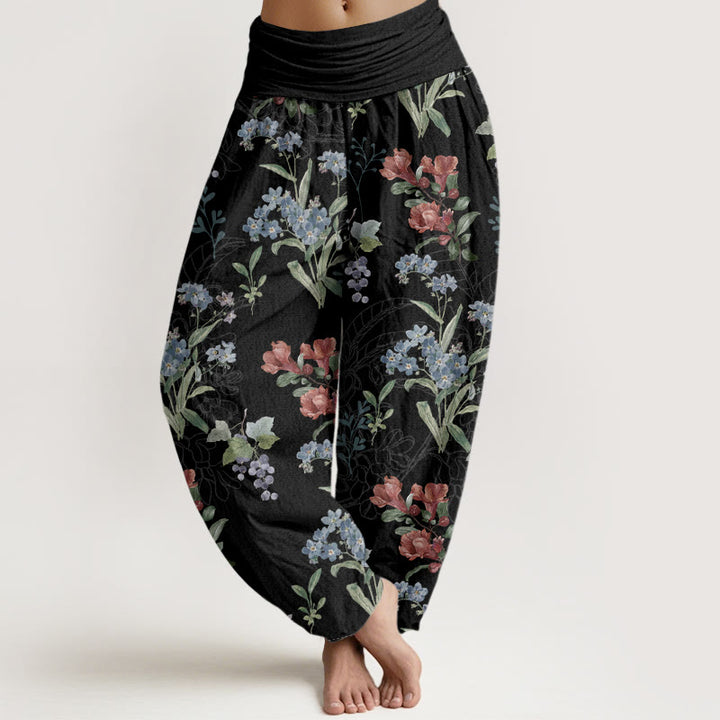 Buddha Stones Red Blue Flowers Green Leaves Design Women's Elastic Waist Harem Pants - Black - US22，UK/AU26，EU54 (6XL) - image 5