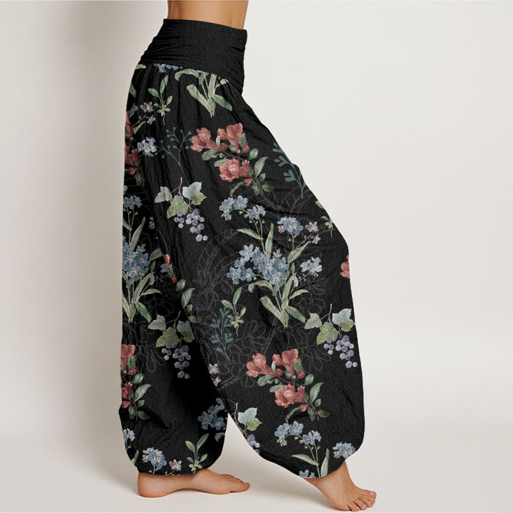 Buddha Stones Red Blue Flowers Green Leaves Design Women's Elastic Waist Harem Pants