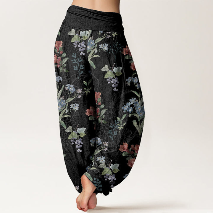 Buddha Stones Red Blue Flowers Green Leaves Design Women's Elastic Waist Harem Pants