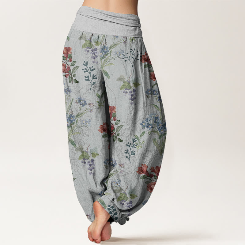 Buddha Stones Red Blue Flowers Green Leaves Design Women's Elastic Waist Harem Pants - image 9