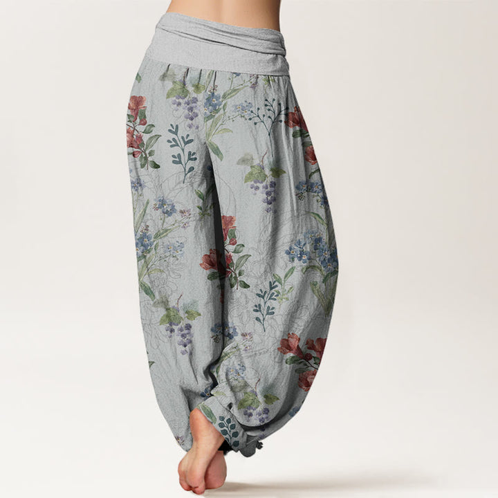 Buddha Stones Red Blue Flowers Green Leaves Design Women's Elastic Waist Harem Pants
