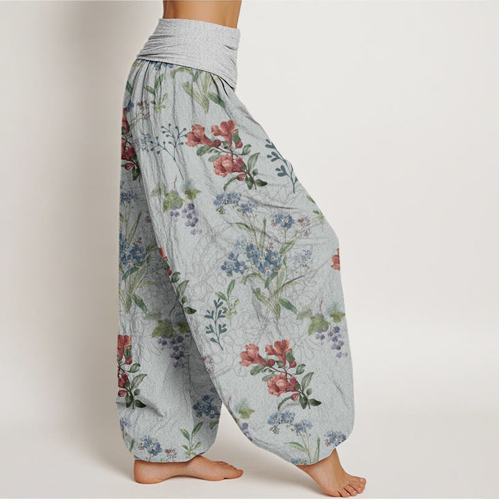 Buddha Stones Red Blue Flowers Green Leaves Design Women's Elastic Waist Harem Pants