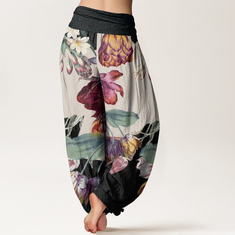 Buddha Stones Cotton Tulips Green Leaves Design Women's Elastic Waist Harem Pants - image 1