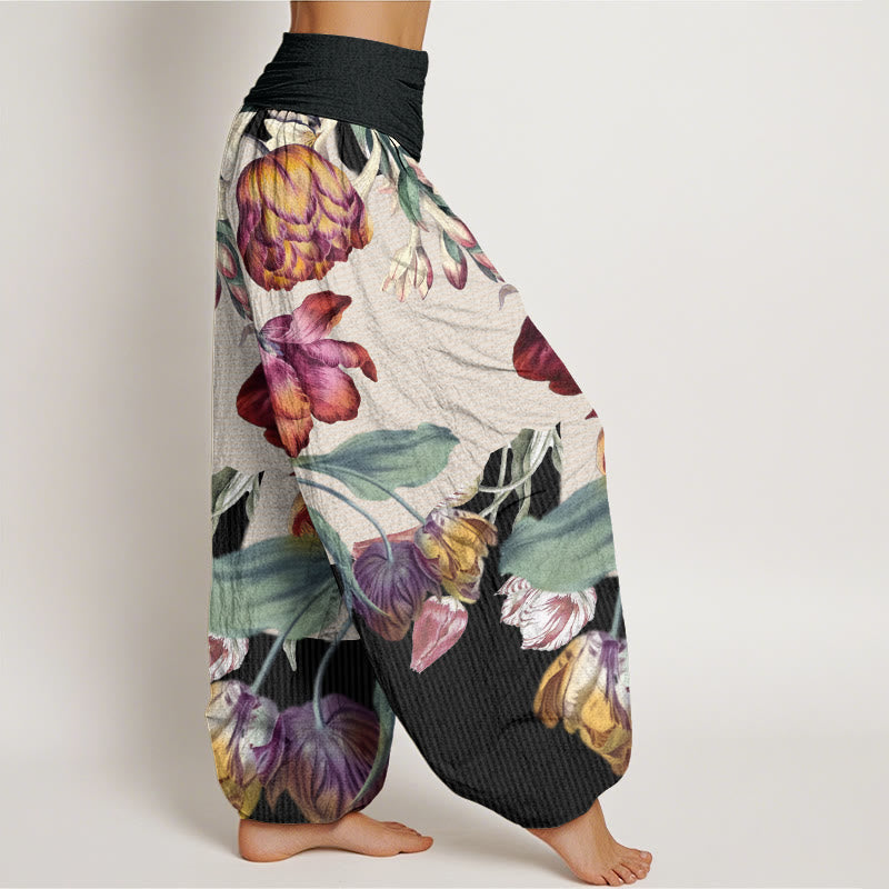 Buddha Stones Cotton Tulips Green Leaves Design Women's Elastic Waist Harem Pants - image 2
