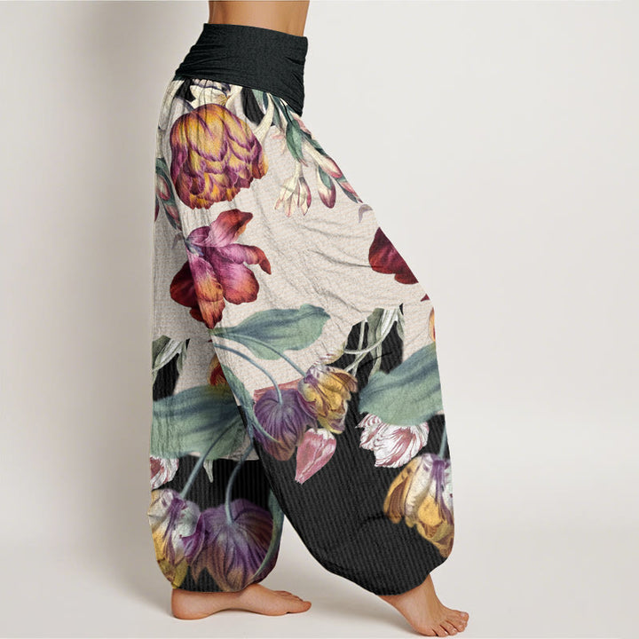 Buddha Stones Tulips Green Leaves Design Women's Elastic Waist Harem Pants