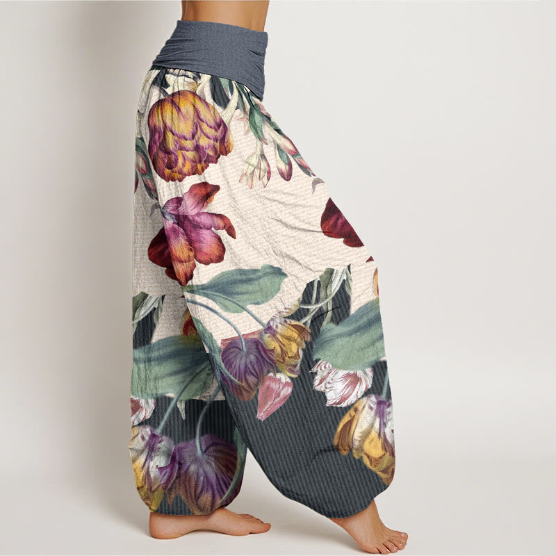 Buddha Stones Cotton Tulips Green Leaves Design Women's Elastic Waist Harem Pants - image 9
