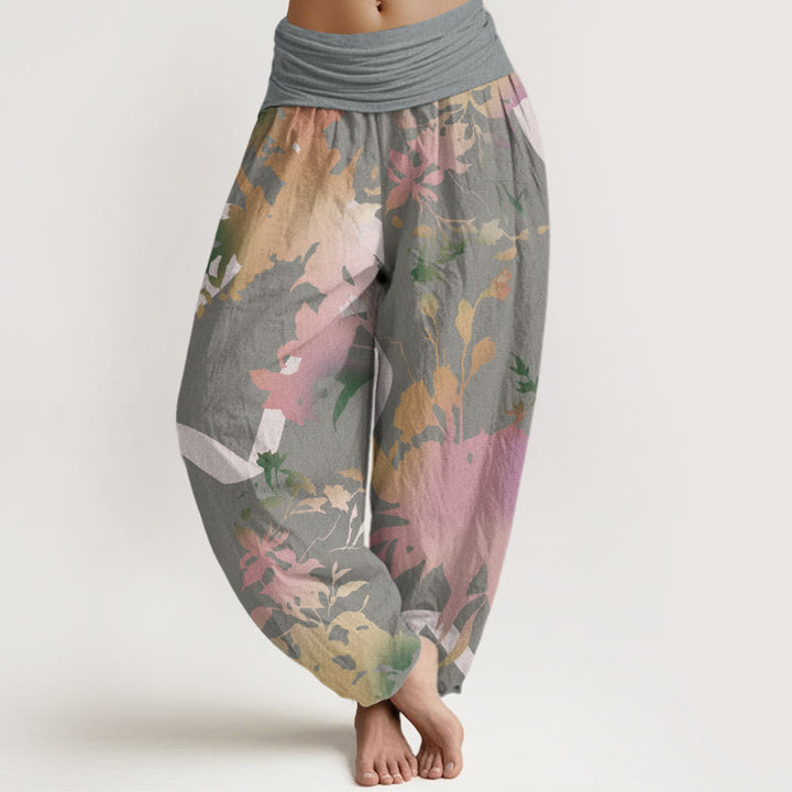 Buddha Stones Abstract Floral Paintings Ribbon Design Women's Elastic Waist Harem Pants