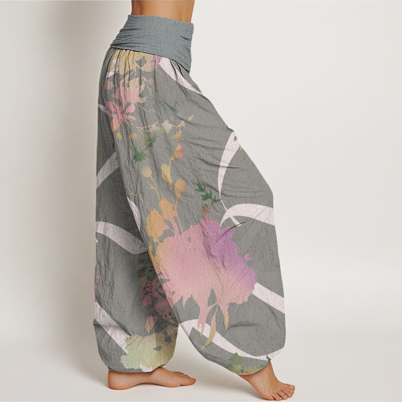 Buddha Stones Abstract Floral Paintings Ribbon Design Women's Elastic Waist Harem Pants