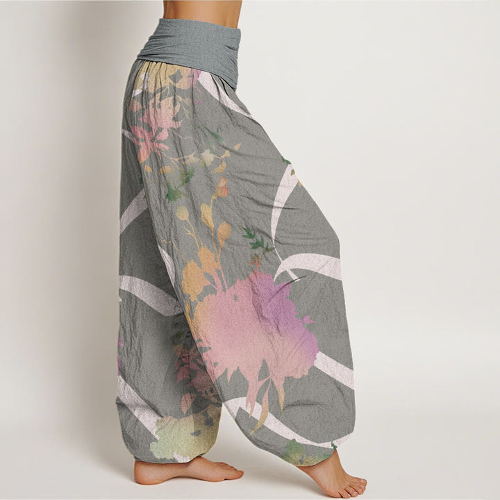 Buddha Stones Abstract Floral Paintings Ribbon Design Women's Elastic Waist Harem Pants