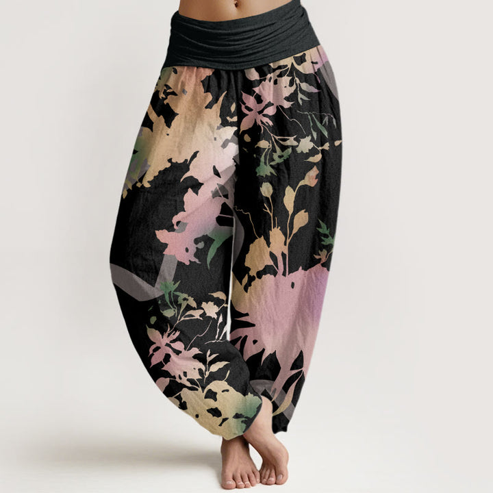 Buddha Stones Abstract Floral Paintings Ribbon Design Women's Elastic Waist Harem Pants