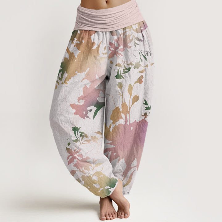 Buddha Stones Abstract Floral Paintings Ribbon Design Women's Elastic Waist Harem Pants