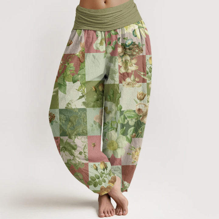 Buddha Stones Square Various Floral Design Women's Elastic Waist Harem Pants