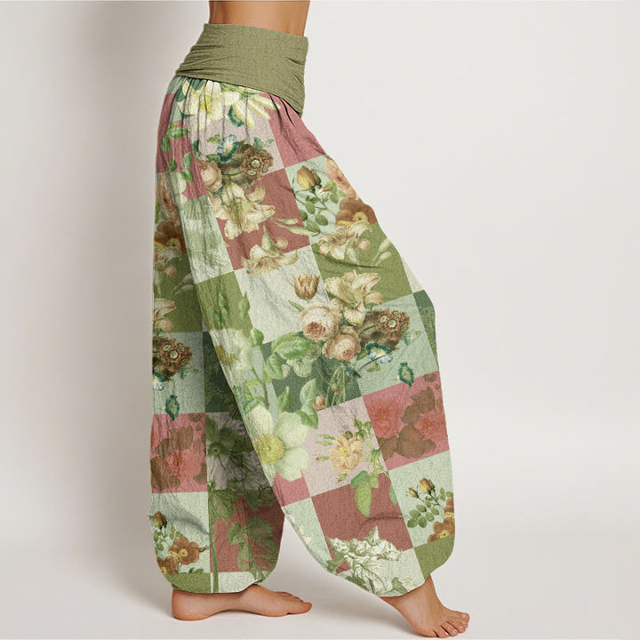 Buddha Stones Square Various Floral Design Women's Elastic Waist Harem Pants