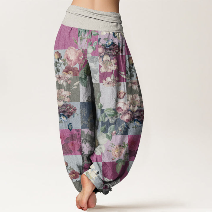 Buddha Stones Square Various Floral Design Women's Elastic Waist Harem Pants