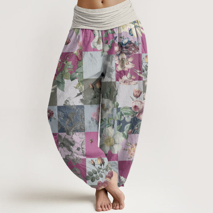 Buddha Stones Square Various Floral Design Women's Elastic Waist Harem Pants