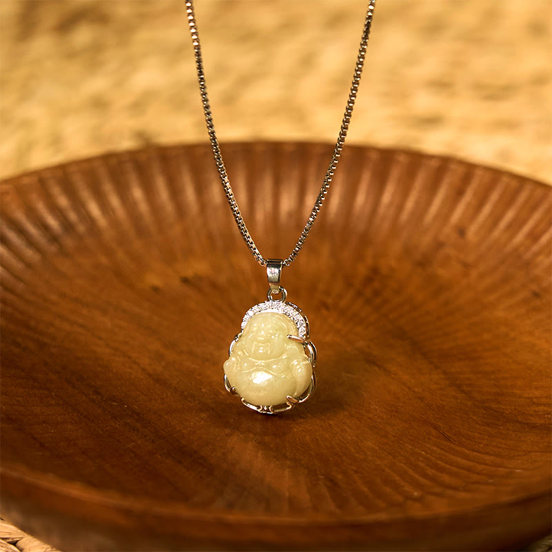 Buddha Stones Natural Hetian Jade Laughing Buddha Abundance Necklace Pendant - Hetian Jade(Prosperity♥Abundance) - image 1