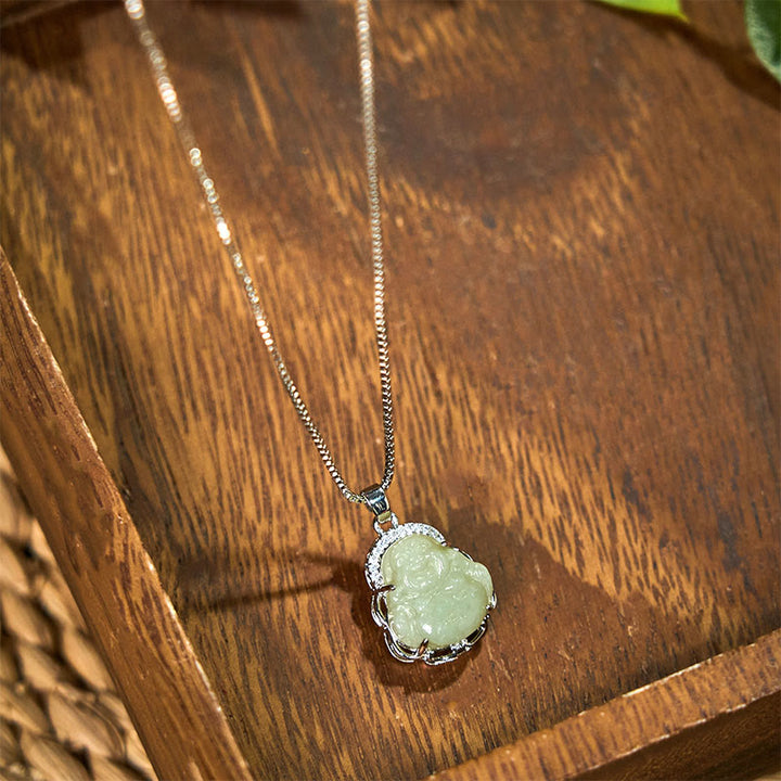 Buddha Stones Natural Hetian Jade Laughing Buddha Abundance Necklace Pendant