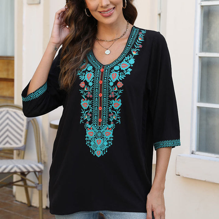 Buddha Stones Summer Casual Embroidery Flower Leaf Half Sleeve V-neck Cotton Women's T-Shirt - image 6