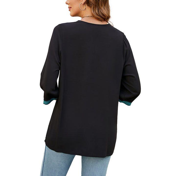 Buddha Stones Summer Casual Embroidery Flower Leaf Half Sleeve V-neck Cotton Women's T-Shirt - image 12