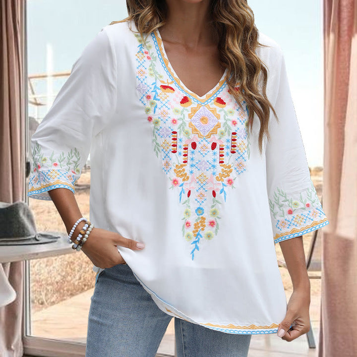 Buddha Stones Spring Daily Embroidery Flower Pattern Long Sleeve V-neck Cotton Women's T-Shirt - image 9