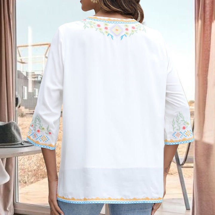 Buddha Stones Spring Daily Embroidery Flower Pattern Long Sleeve V-neck Cotton Women's T-Shirt - image 7