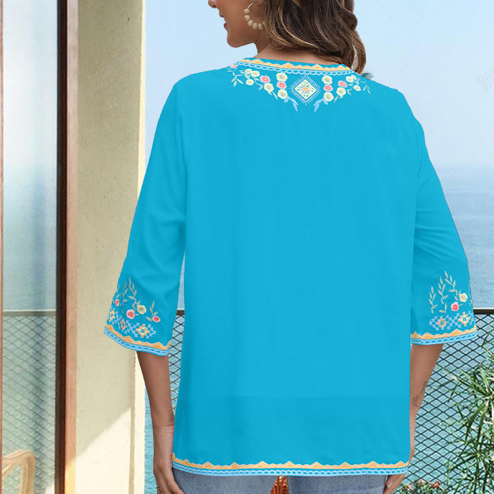 Buddha Stones Spring Daily Embroidery Flower Pattern Long Sleeve V-neck Cotton Women's T-Shirt - image 17