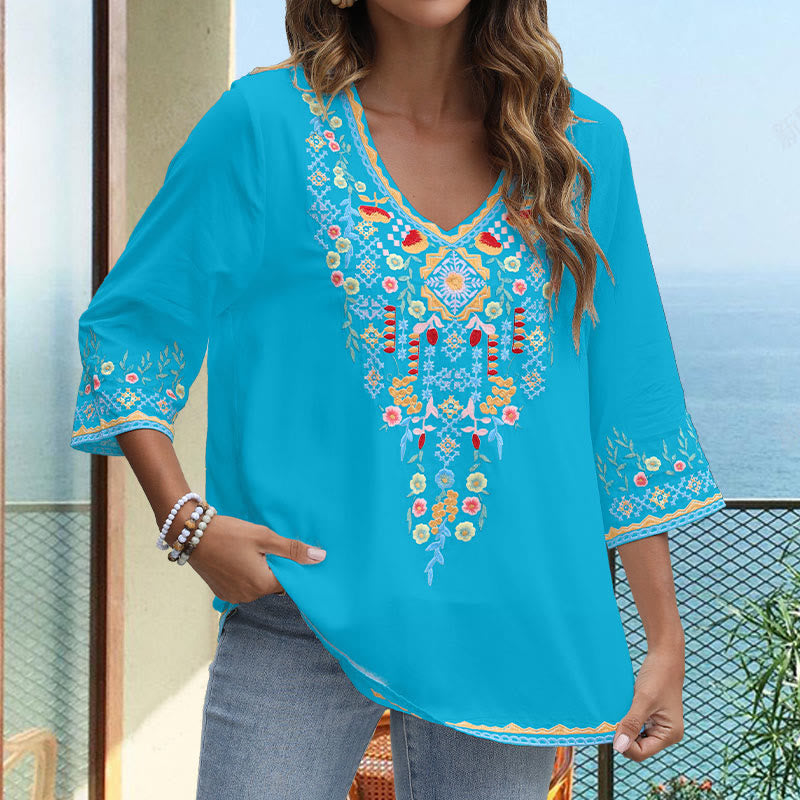 Buddha Stones Spring Daily Embroidery Flower Pattern Long Sleeve V-neck Cotton Women's T-Shirt - image 19