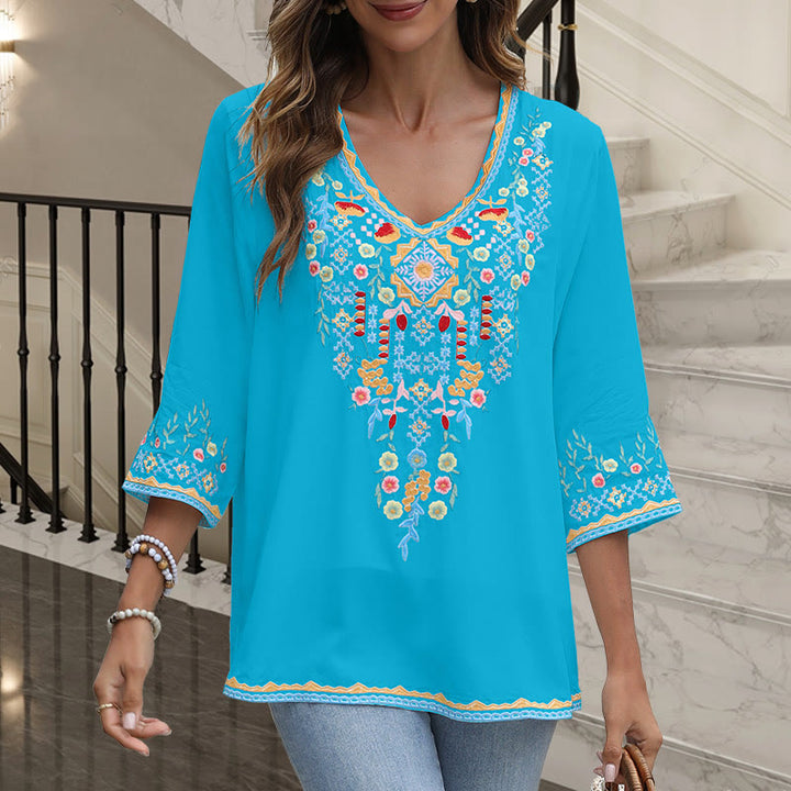 Buddha Stones Spring Daily Embroidery Flower Pattern Long Sleeve V-neck Cotton Women's T-Shirt - DeepSkyBlue - US12，UK/AU16，EU44 (3XL) - image 15