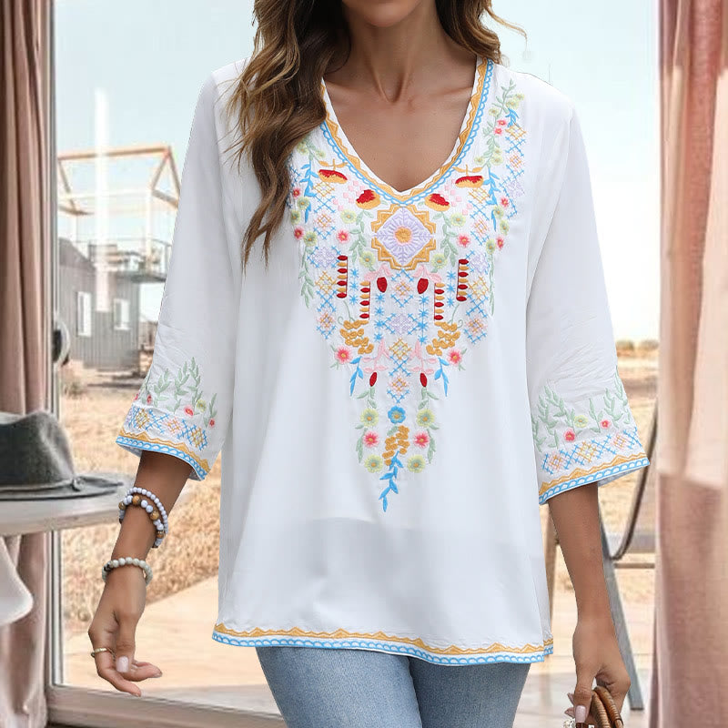 Buddha Stones Spring Daily Embroidery Flower Pattern Long Sleeve V-neck Cotton Women's T-Shirt - Snow - US12，UK/AU16，EU44 (3XL) - image 5