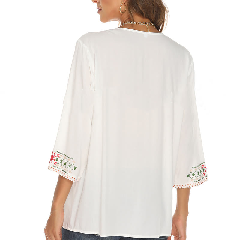 Buddha Stones Summer Embroidery Flower Simple Design Three Quarter Sleeve V-neck Cotton Women's T-Shirt - image 11