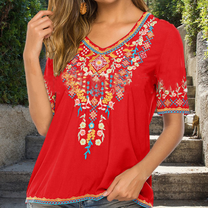 Buddha Stones Embroidery Flower Design Short Sleeve V-neck Cotton Women's T-Shirt - image 9