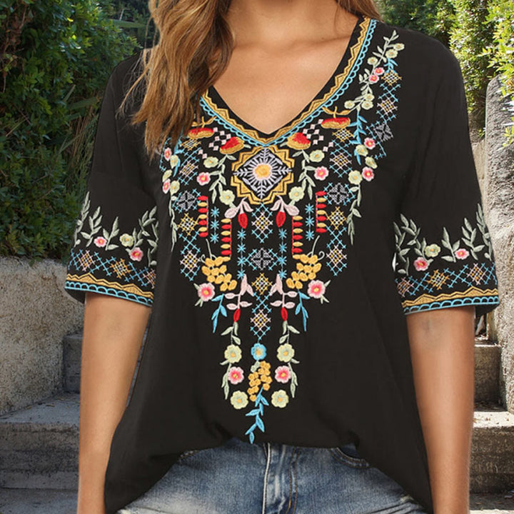 Buddha Stones Embroidery Flower Design Short Sleeve V-neck Women's T-Shirt - Black - US12，UK/AU16，EU44 (3XL) - image 11