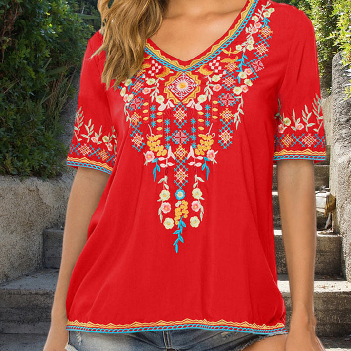 Buddha Stones Embroidery Flower Design Short Sleeve V-neck Cotton Women's T-Shirt - Red - US12，UK/AU16，EU44 (3XL) - image 6
