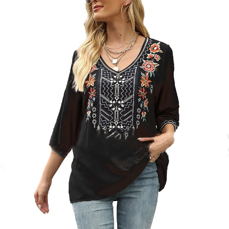 Buddha Stones Spring Casual Plain Embroidery Floral Pattern Design Three Quarter Sleeve V-neck Cotton Women's T-Shirt - image 8